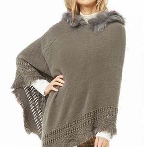 Hooded Faux Fur-Trim Poncho